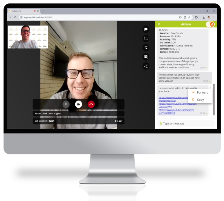 Video call interface showing engineer providing remote support