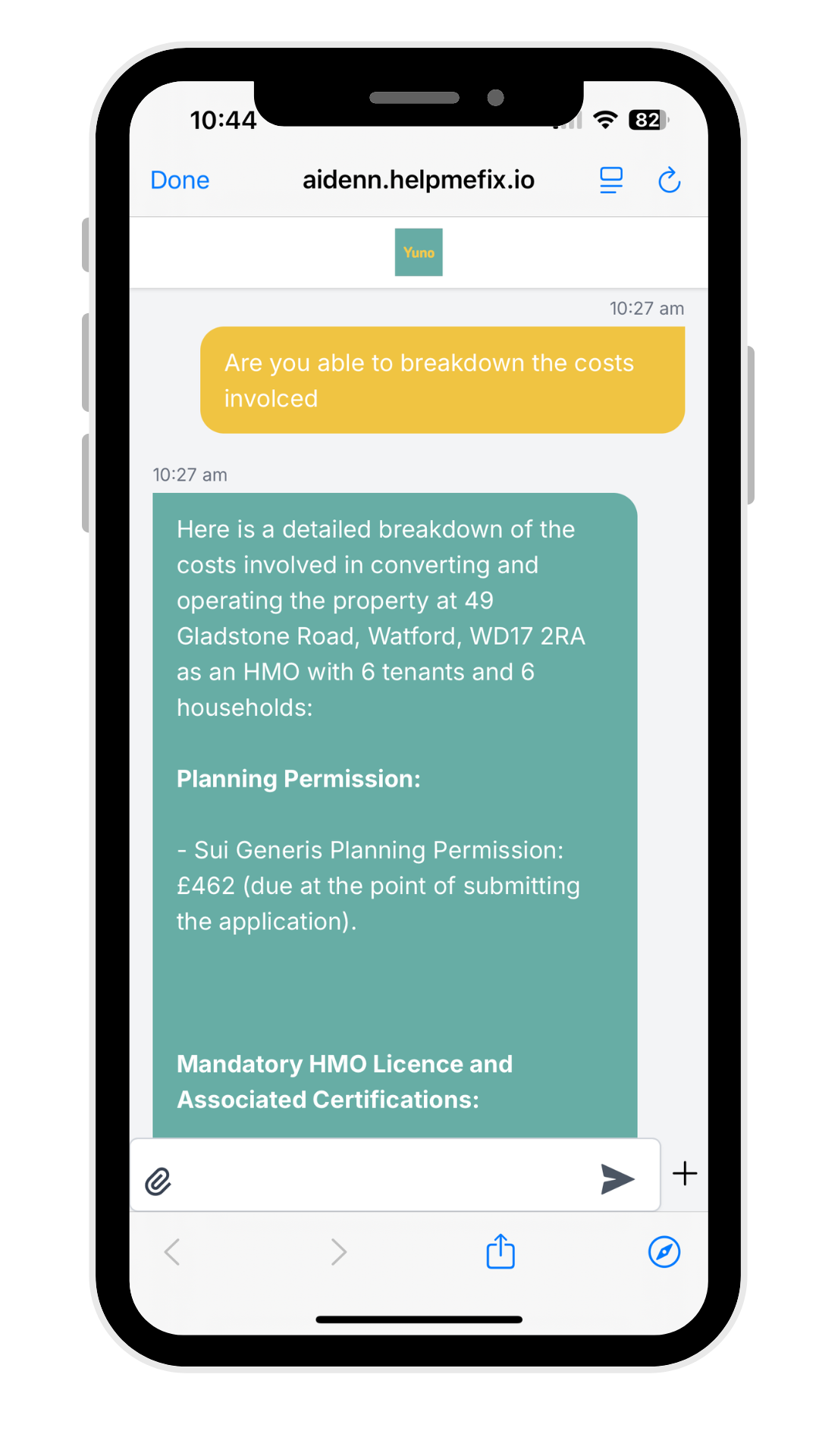 Mobile chat interface showing detailed HMO compliance breakdown with costs and requirements