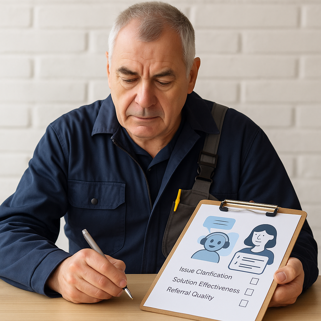 Professional reviewing AI diagnostics with conversation scoring metrics