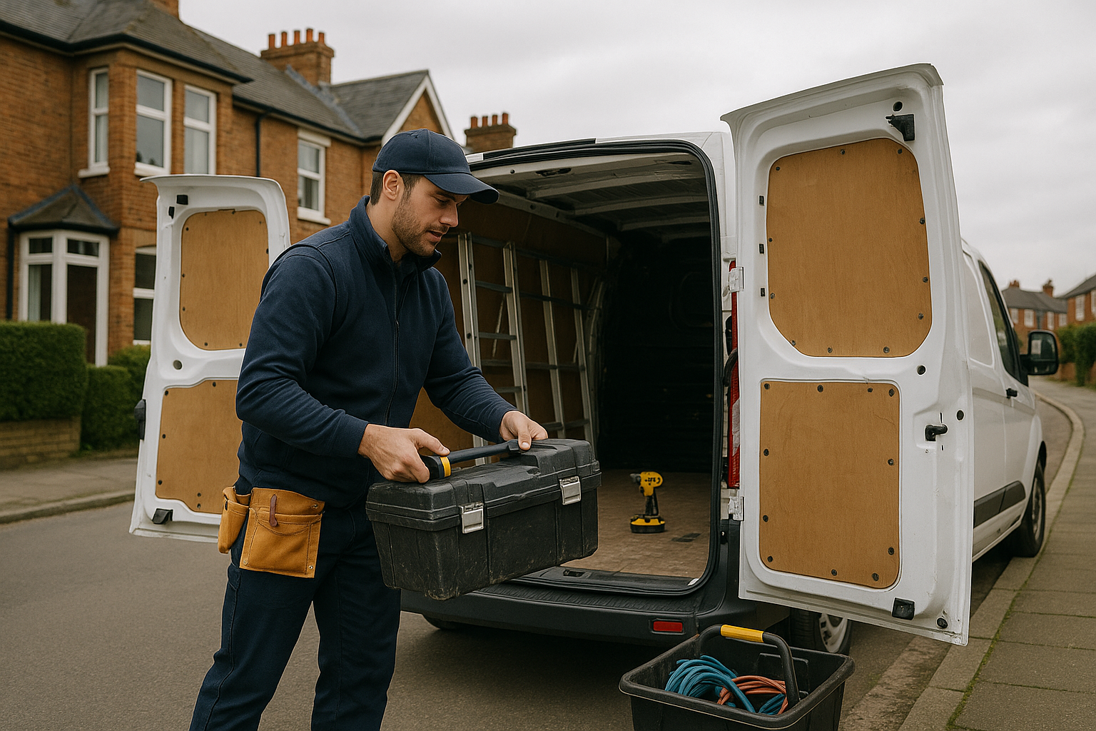 Construction professional with tools and van, demonstrating Help me Fix services