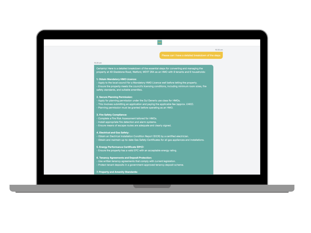 Laptop showing detailed HMO compliance breakdown with comprehensive requirements checklist