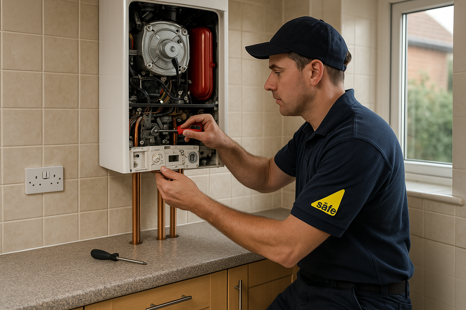 Engineer diagnosing and repairing a boiler